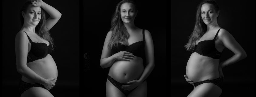Tryptyk zdjęcie studyjne na czarnym tle kobiety w widocznej ciąży